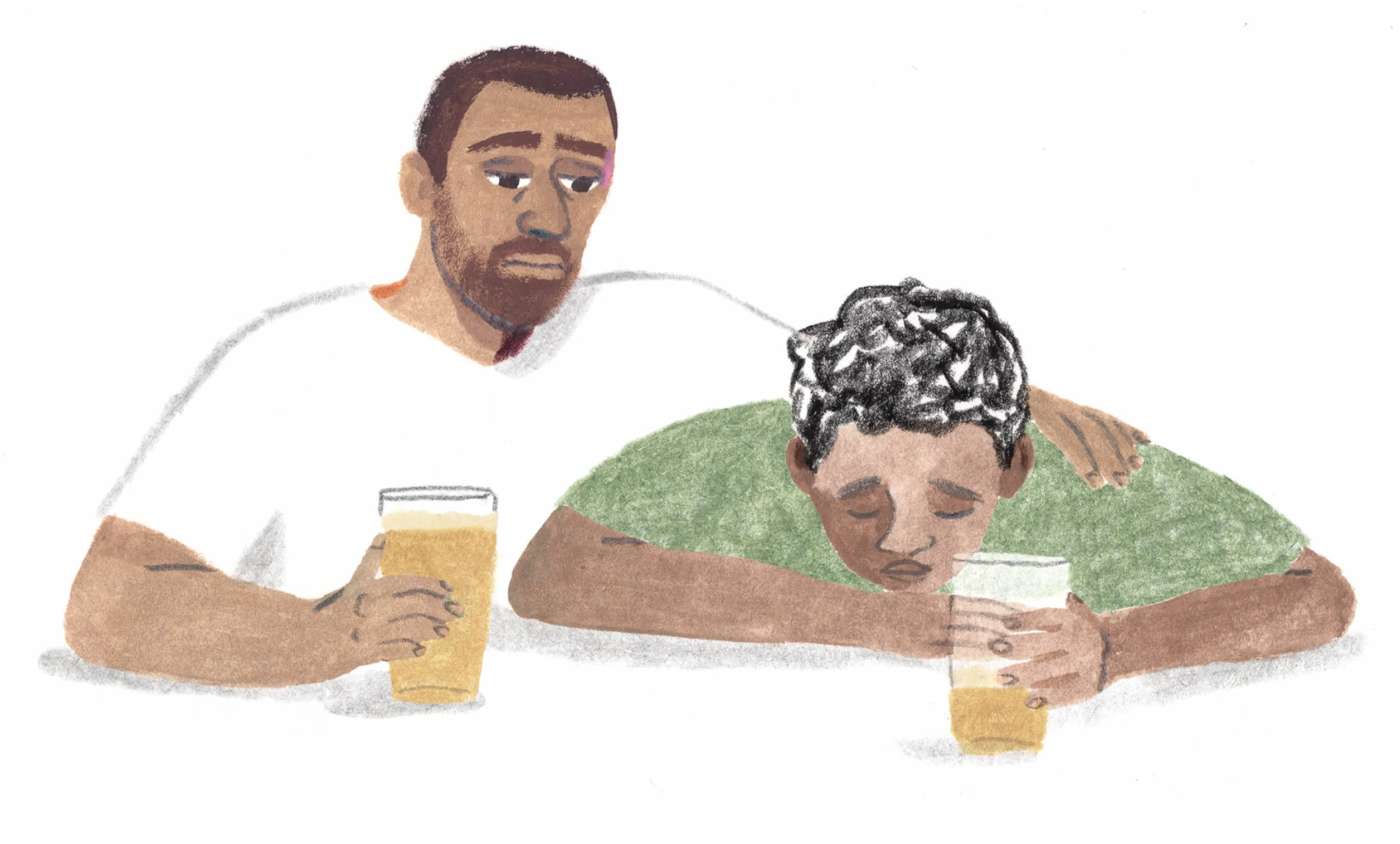 A Monarch by SimplePractice illustration of a Black man in a white t-shirt holding a drink and putting his arm around a Black boy in a green t-shirt, who is leaning on a table with his eyes closed and holding a drink. 