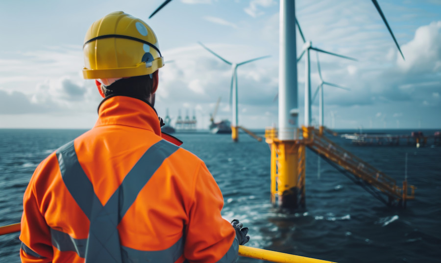 Technician looking at an offshore energy platform. 