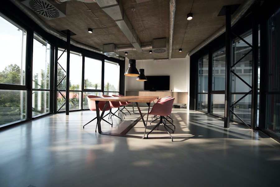 Boardroom table in an office.