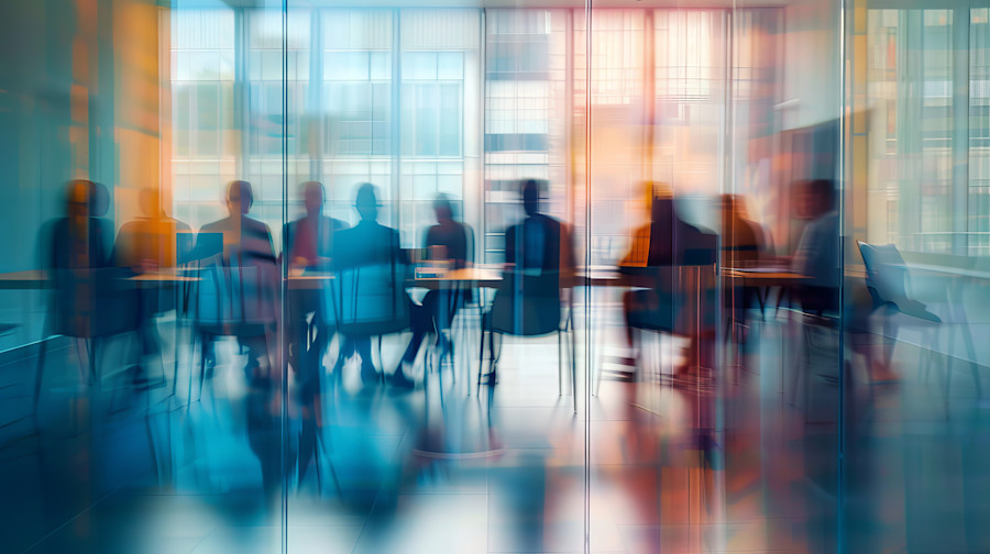 Blurred image of boardroom, people sitting around the table. 