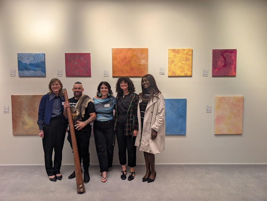 Pictured above, left to right: Joanna Renkin, Partner, Lander & Rogers; Kuku Yalanji man Eli Norza; artist Flick Chafer-Smith; Susannah Day, The Torch CEO, and Sobur Dhieu, Community Engagement Lead. 