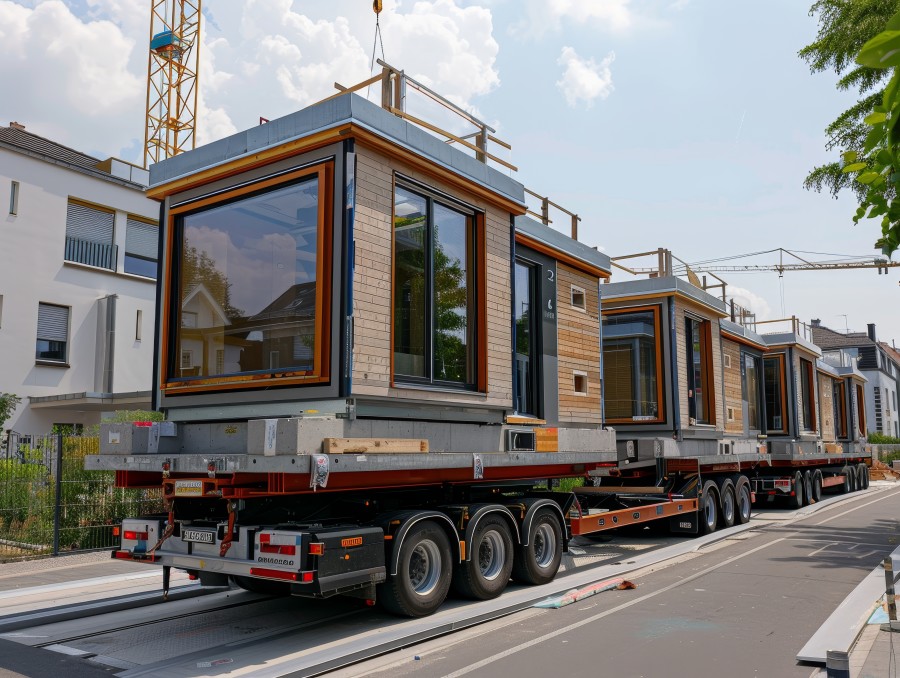 Image of prefabricated housing units being moved into place