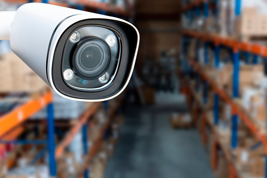 Surveillance camera in a warehouse tracking movements.