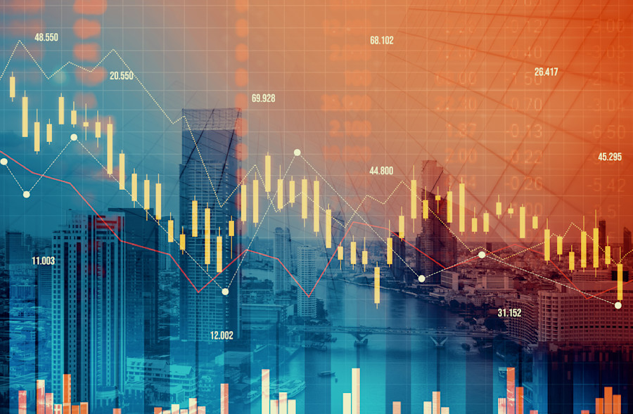 business cityscape and declining graphs