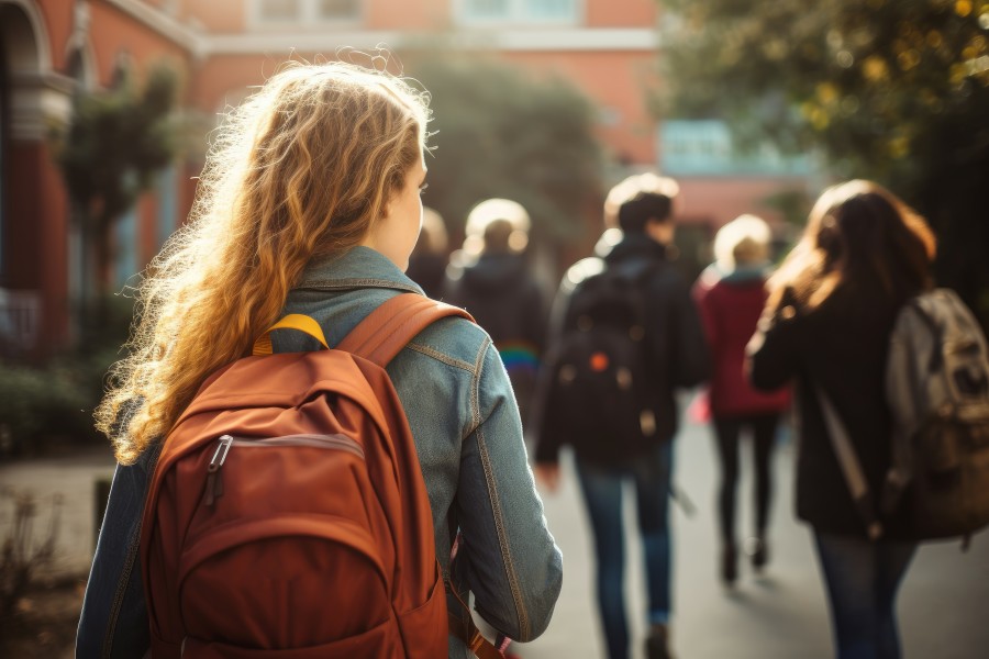 A teenage girl wearing a backpack is walking into a schoolyard behind a group of other students.