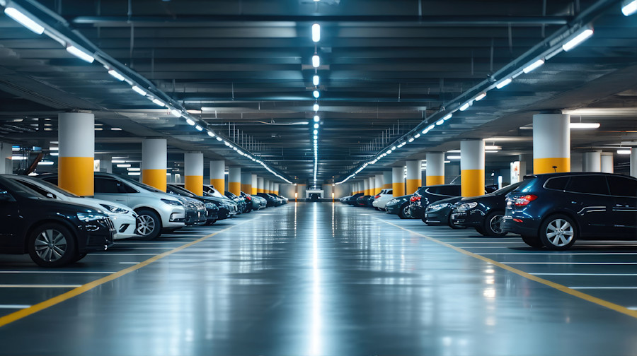 Picture of a full car park at a shopping mall where there is a vehicle in every space