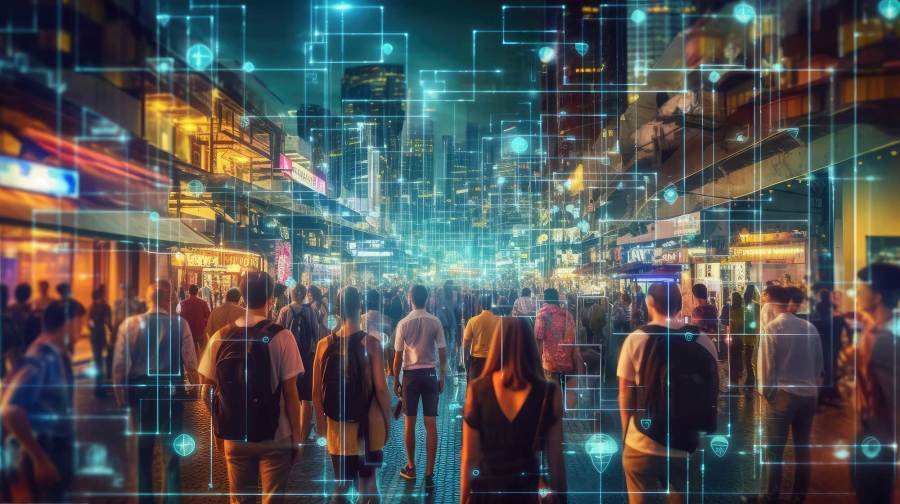 People in busy market being observed by artificial intelligence 