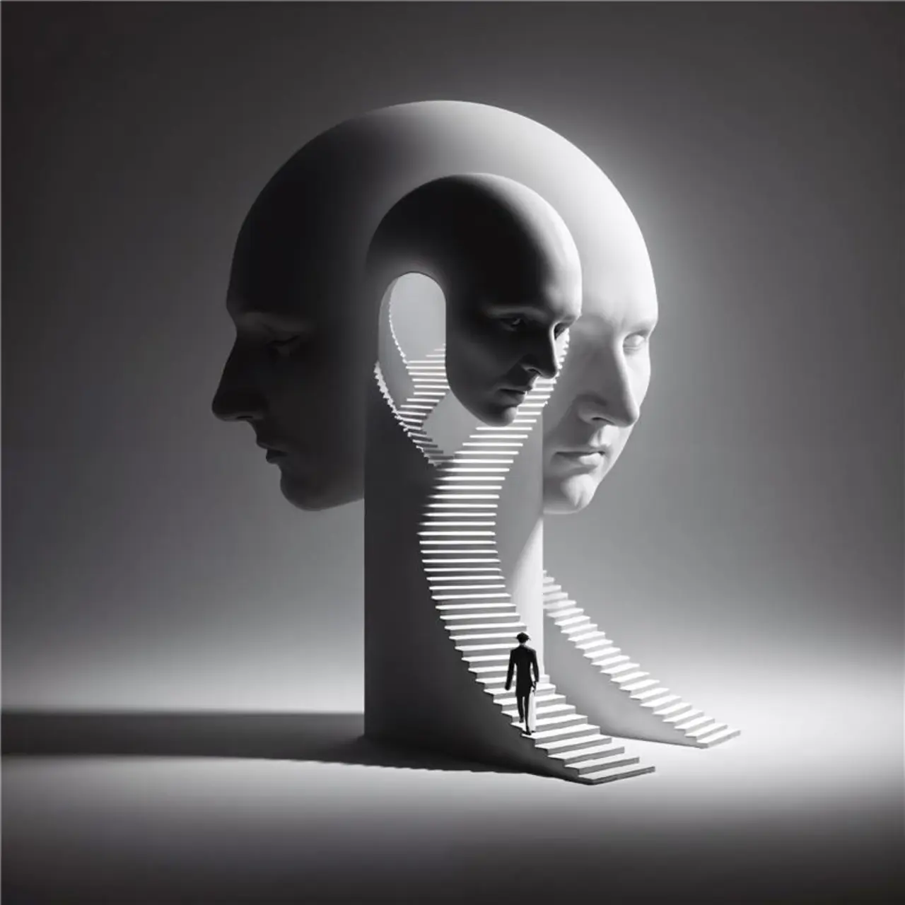A person walking up a staircase connected to a sculpture of a human head.