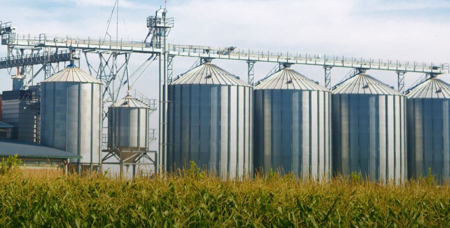 Industrial grain silos in a feed of wheat crops