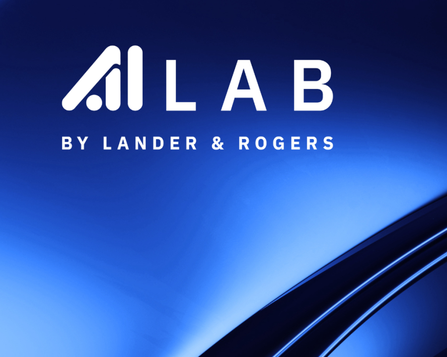 AI Lab by Lander & Rogers logo on blue background.