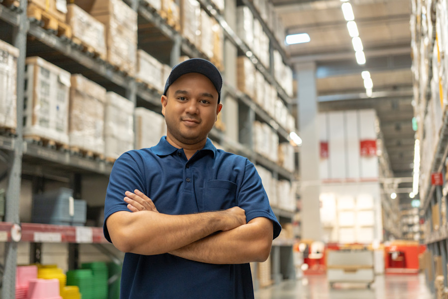 Man or warehouse worker employee standing in a warehouse, looking at the camera with his arms crossed.