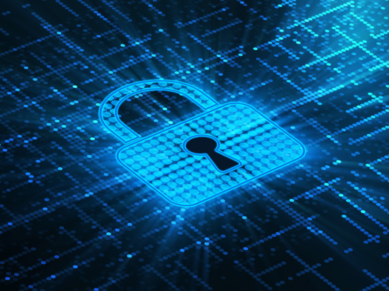 Privacy concept with digital padlock against a data visualisation background.