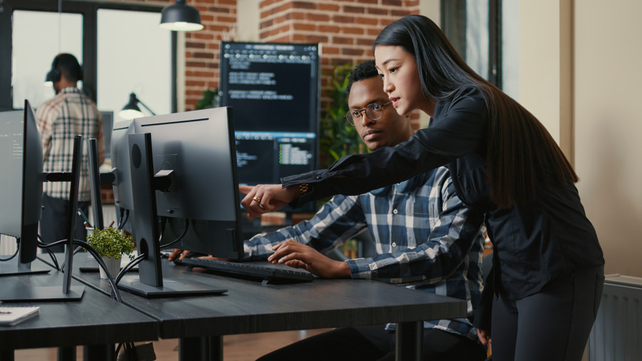 Two programmers or coworkers at an office desk working on a desktop computer.