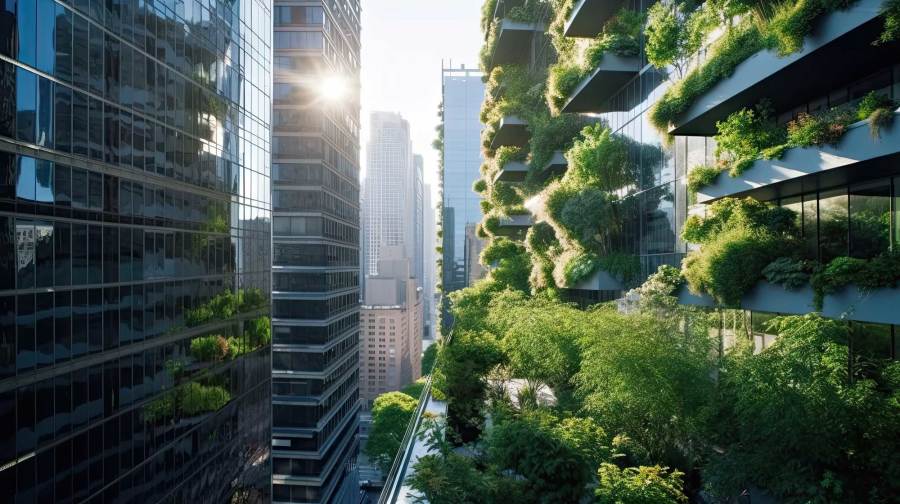 Modern city scape full of green plants and trees