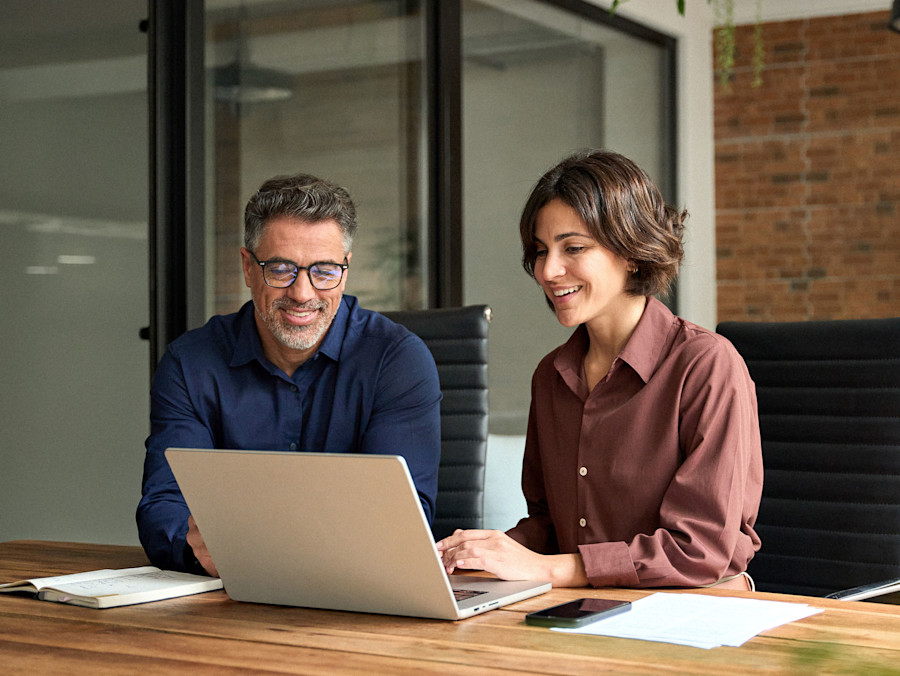 Male and female professional co-workers sitting at a table or desk looking at a laptop.
