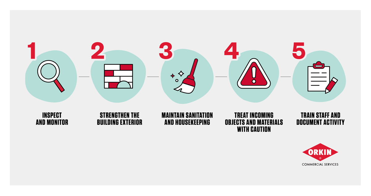 5-step checklist: 1. Inspect and Monitor (magnifying glass), 2. Strengthen Building Exterior (brick wall), 3. Maintain Sanitation and Housekeeping (broom), 4. Treat Incoming Objects with Caution (warning sign), 5. Train Staff and Document (clipboard).