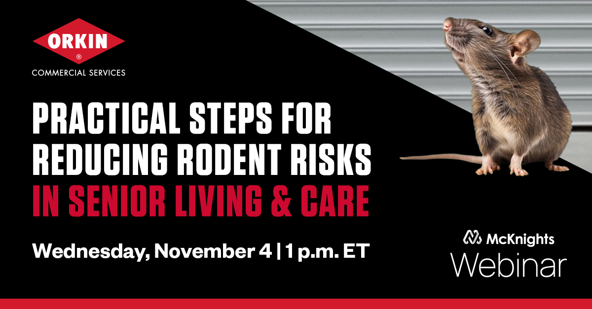 Orkin Commercial Services banner: "Practical Steps for Reducing Rodent Risks in Senior Living & Care." McKnights Webinar, Wednesday, Nov 4 at 1 p.m. ET by Patricia Hottel. Features a rat standing in front of a metal shutter door.