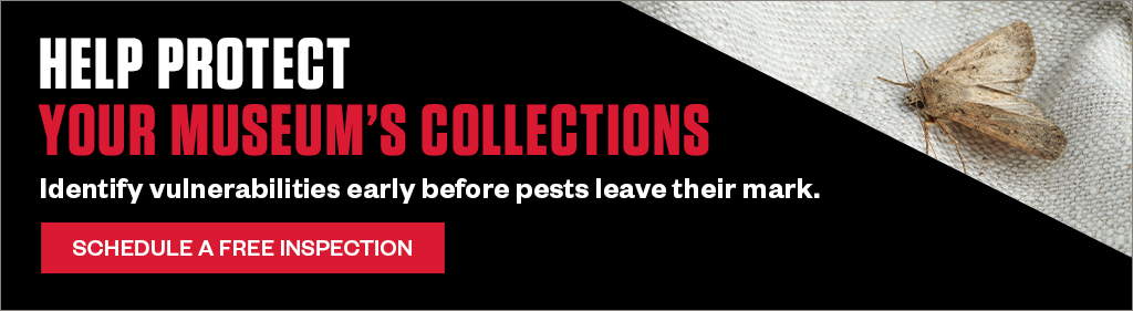 Banner reading "HELP PROTECT YOUR MUSEUM'S COLLECTIONS. Identify vulnerabilities early before pests leave their mark." alongside a button titled "SCHEDULE A FREE INSPECTION." Features a closeup photo of a moth resting on woven fabric.