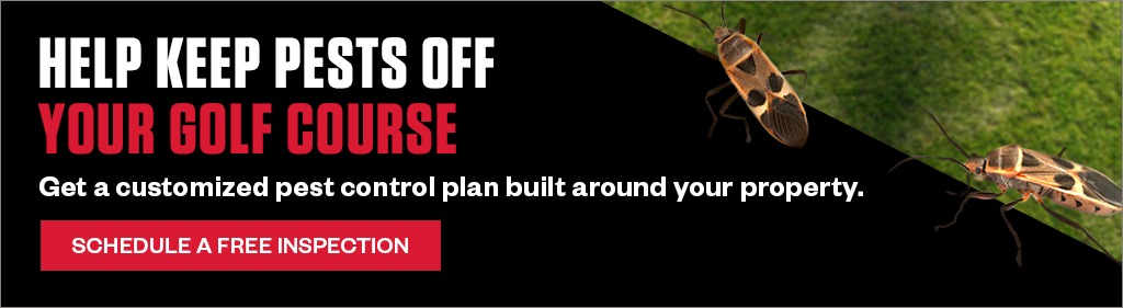 Banner reading "Help keep pests off your golf course. Get a customized pest control plan built around your property. Schedule a free inspection" featuring two seed bugs.