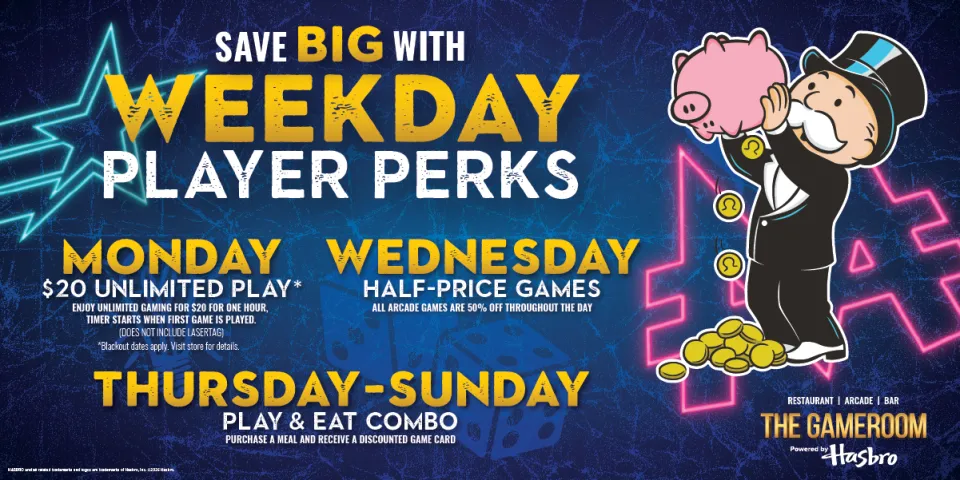 Weekday Player Perks at the Gameroom in NJ - Pay Less. Play More