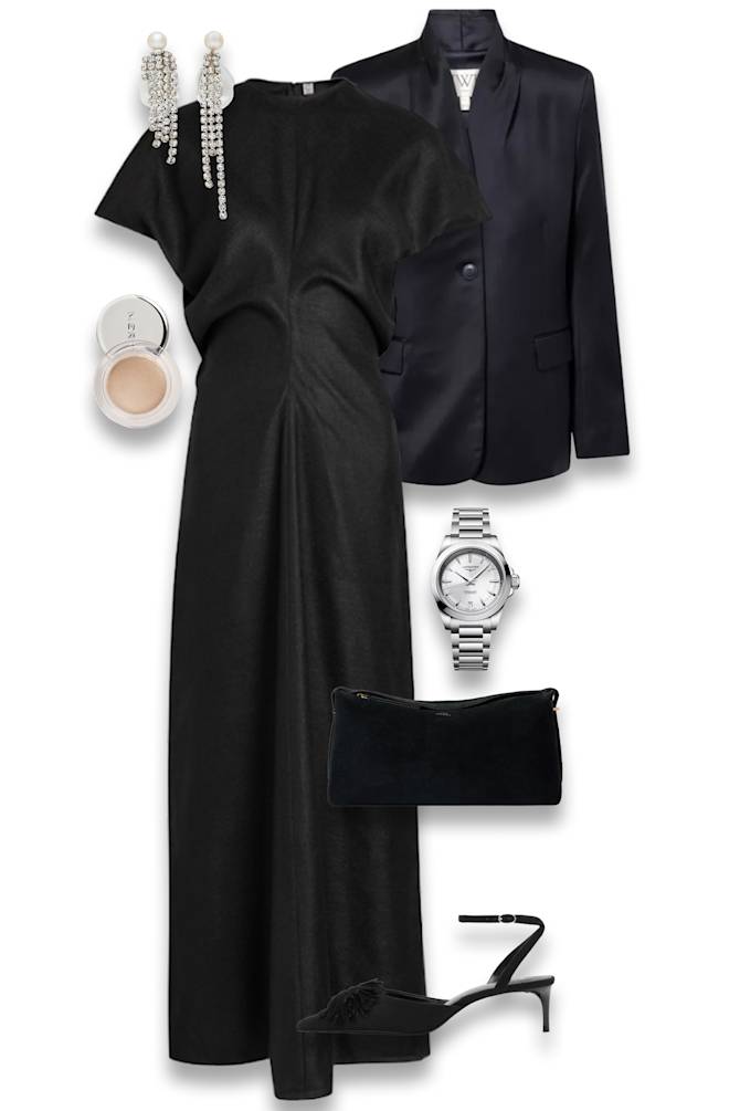 how to style a satin dress formal Cold Shoulder Midi Wrap Satin Dress / Navy – Style Cheat main image 0