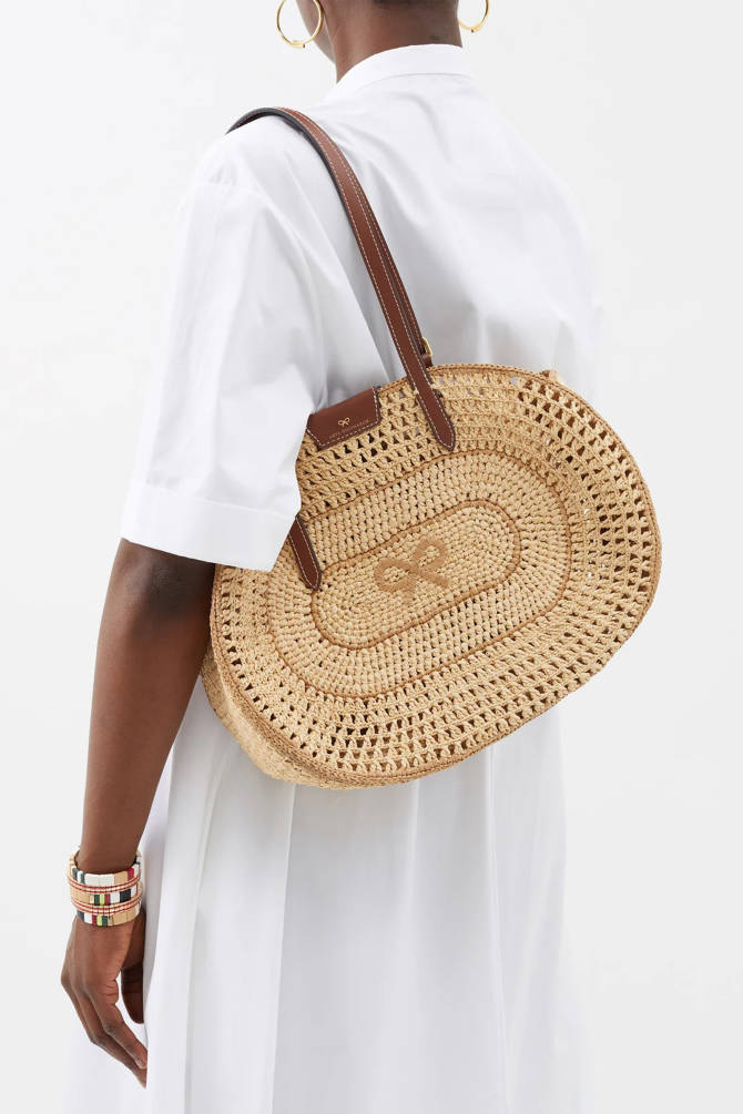 Iraca large leather-trimmed woven raffia tote
