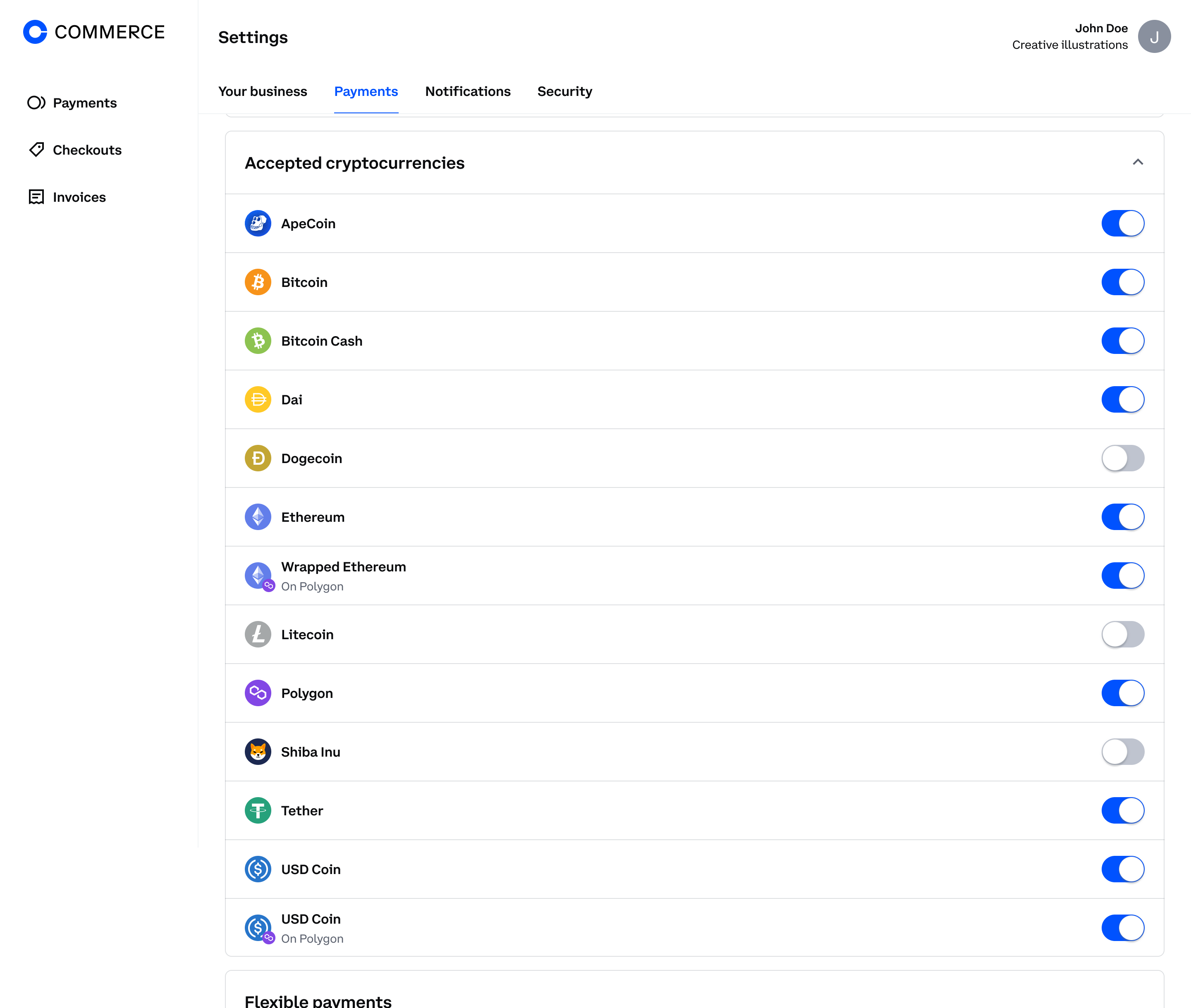 Image shows the Payments tab from the Settings page of the Merchant dashboard. There are rows of accepted cryptocurrencies with toggles in each row that allow each network to be toggled on or off, indicating if payments are accepted on each network.