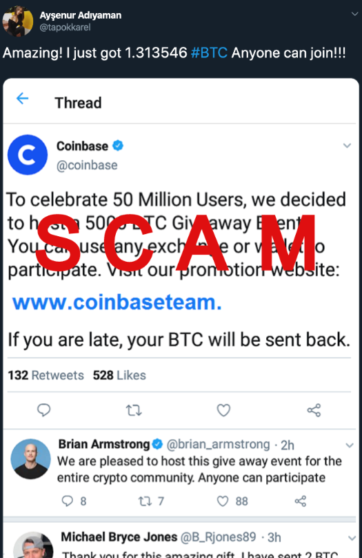Image shows a tweet that includes a falsified screenshot. The screenshot looks to be a giveaway hosted by the official Coinbase Twitter and endorsed by the Coinbase CEO.  Large red letters spelling SCAM are superimposed over the screenshot.