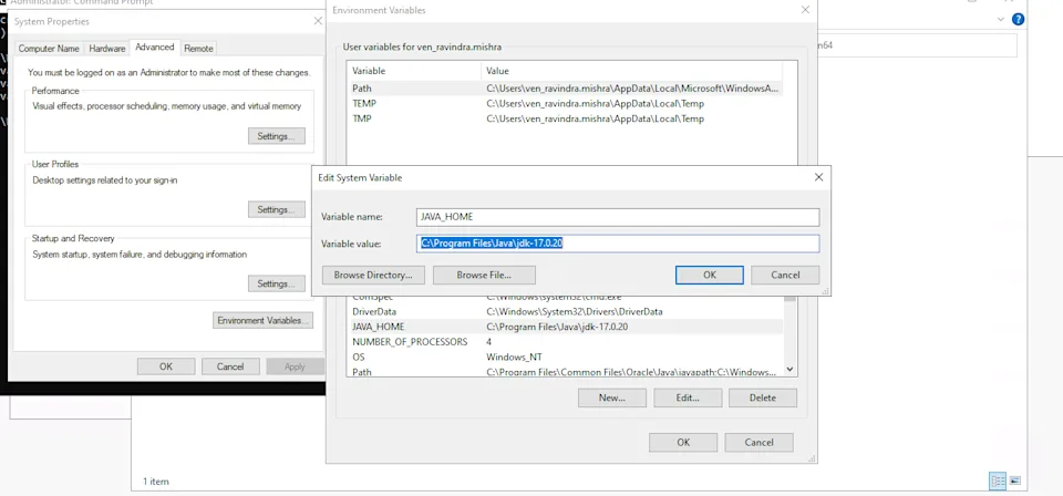 Windows Environment Variables dialog with JAVA_HOME set to JDK 17
