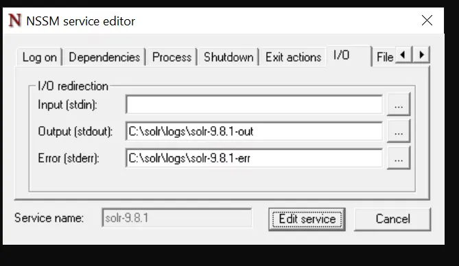 NSSM I/O tab redirecting Solr stdout and stderr