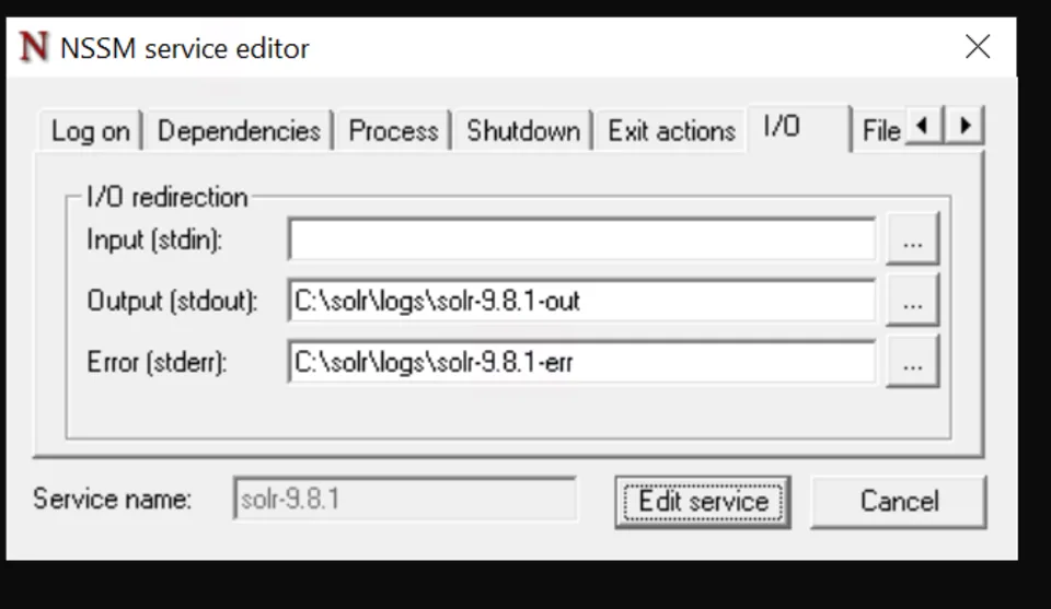 NSSM I/O tab redirecting Solr stdout and stderr