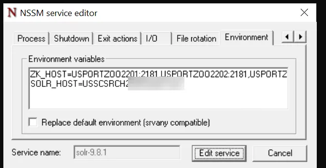 NSSM Environment tab with ZK_HOST and SOLR_HOST for Solr