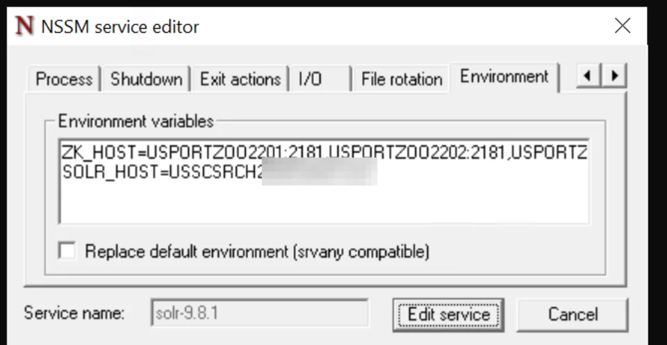 NSSM Environment tab with ZK_HOST and SOLR_HOST for Solr