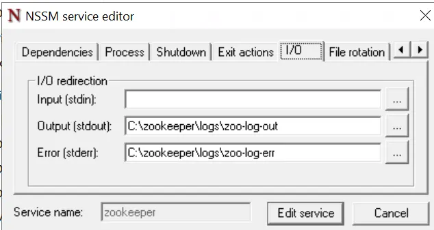 NSSM I/O tab redirecting ZooKeeper stdout and stderr to log files