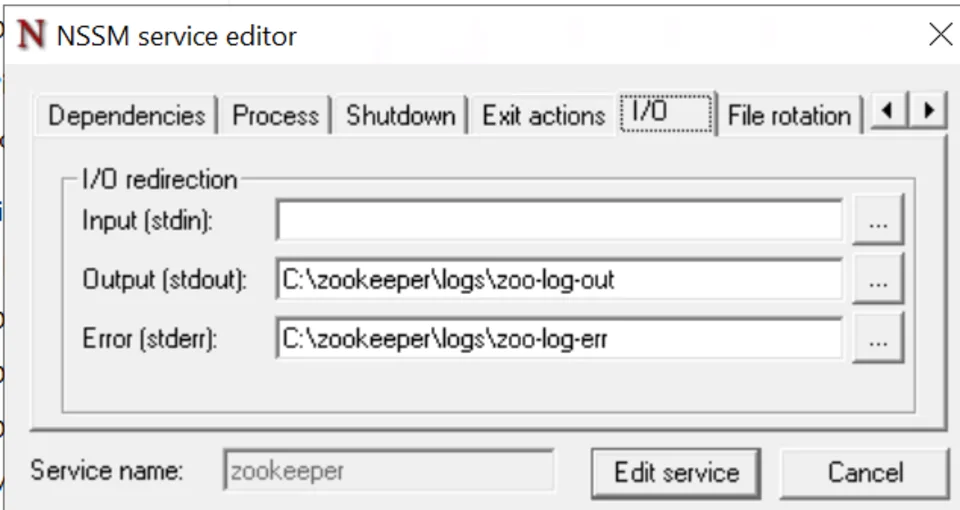 NSSM I/O tab redirecting ZooKeeper stdout and stderr to log files