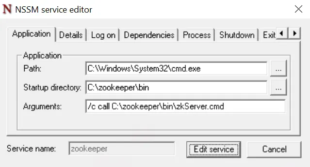 NSSM Application tab for the ZooKeeper Windows service