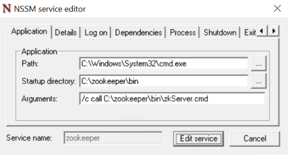 NSSM Application tab for the ZooKeeper Windows service