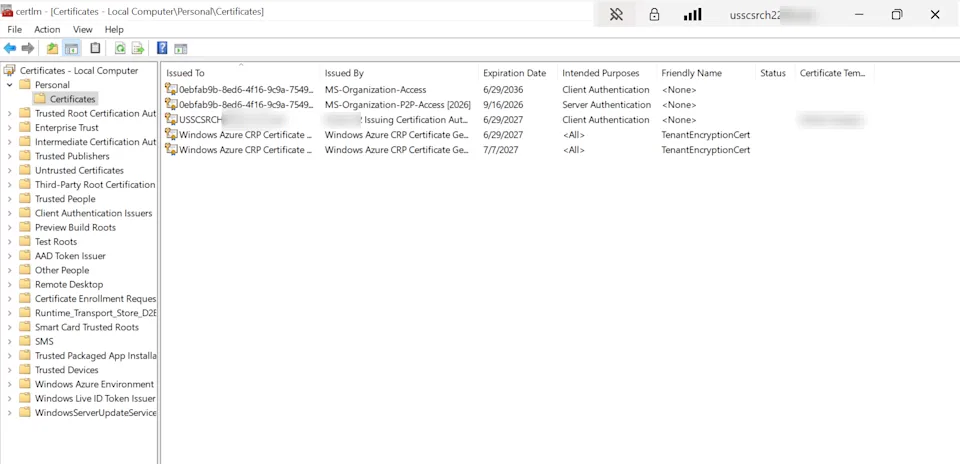 Windows Certificates MMC showing Personal certificates after importing the Solr TLS certificate