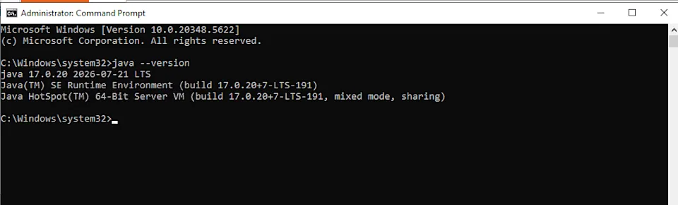 Command Prompt showing java -version for JDK 17