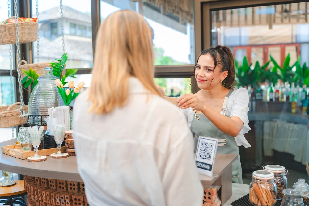 smiling-waitress-wear-apron-take-order-talk