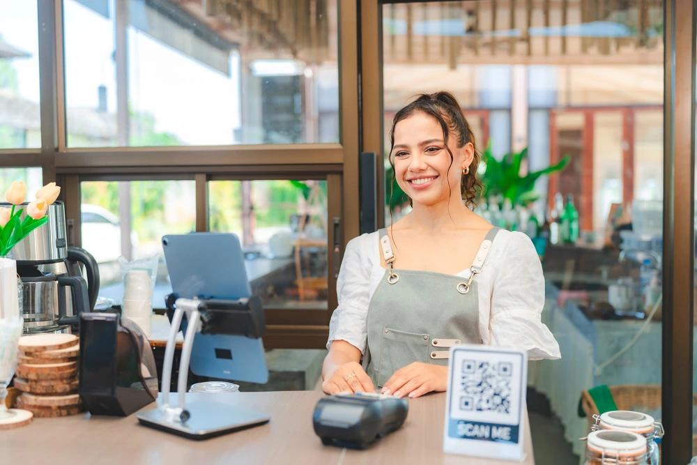 smiling-waitress-wear-apron-take-order-talk