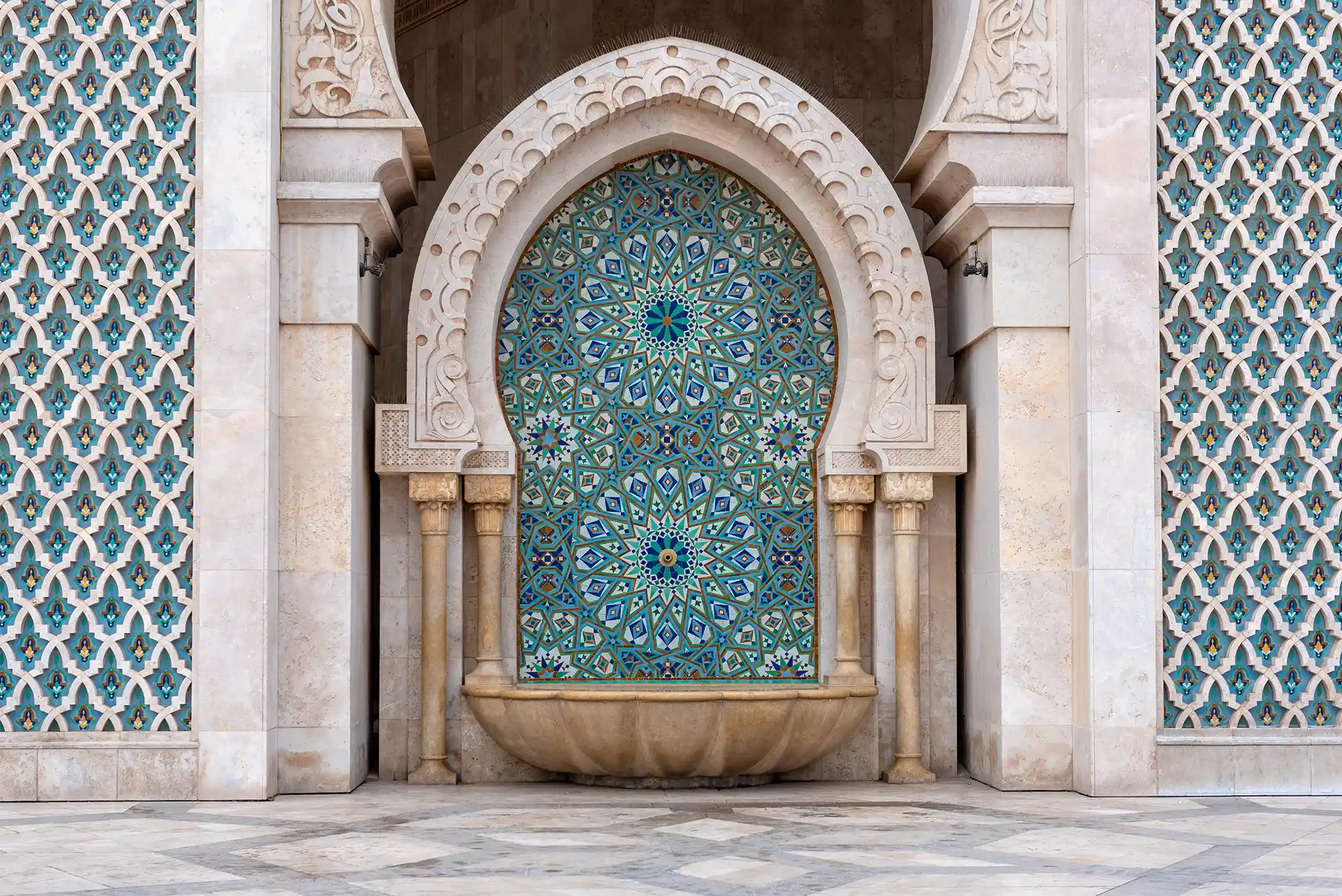 Detail shot of the tile at the Hassan II Mosque in Casablanca Morocco. 