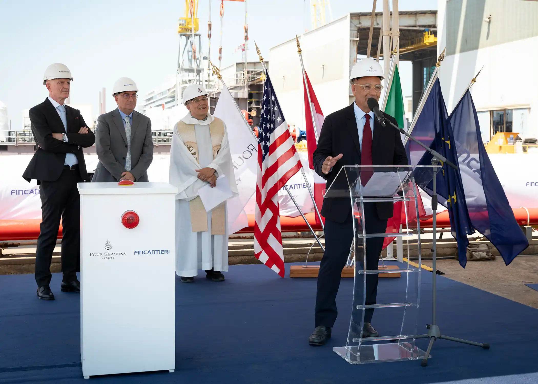 Nadim Ashi, Owner and Executive Chair, Marc-Henry Cruise Holdings LTD, Joint Owner/Operator of Four Seasons Yachts speaking to all guests before the keel is laid.
