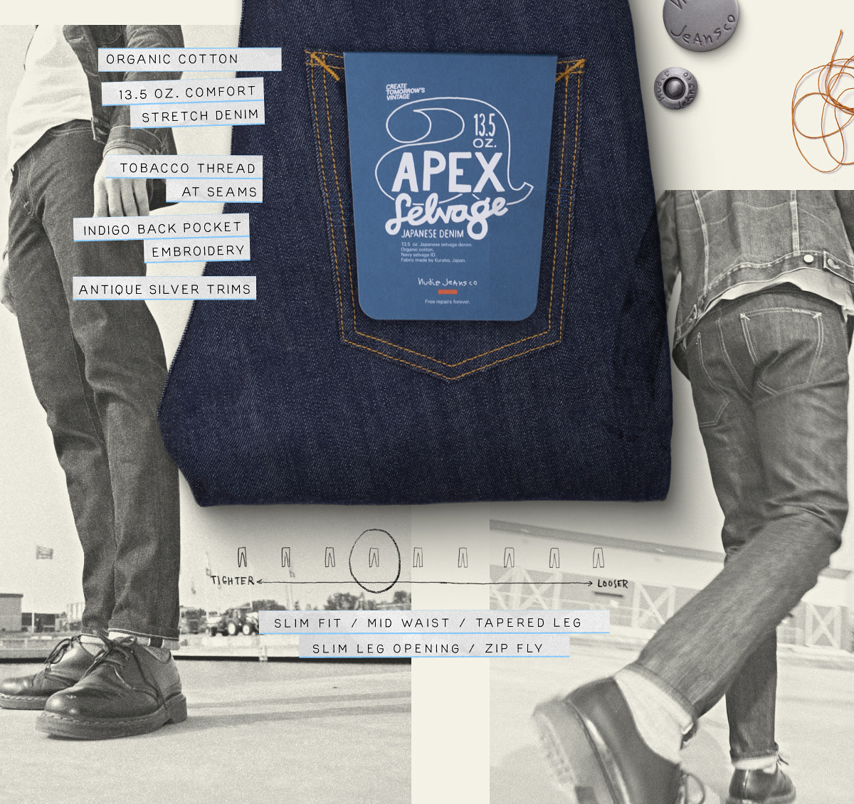 Apex Selvage. 
Organic cotton
13.5 oz. comfort stretch denim
Tobacco thread at seams
Indigo back pocket embroidery
Antique silver trims
Zip fly
Jacron patch
Slim fit
Mid waist
Tapered leg
Slim leg opening
