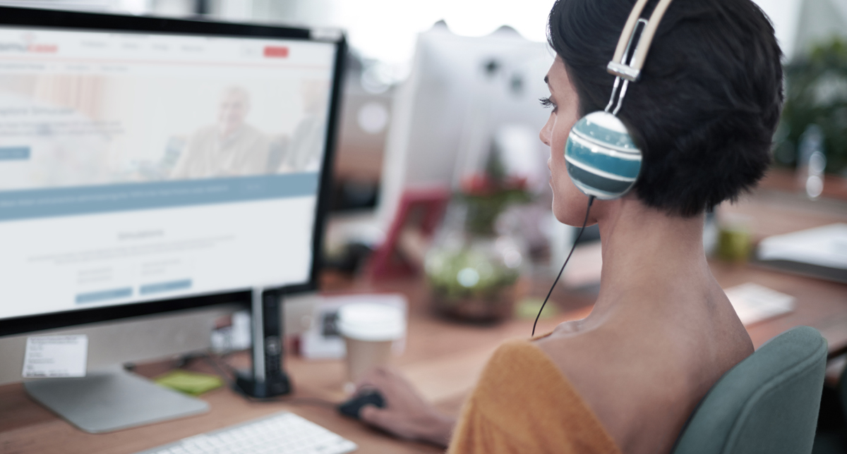 Simucase homepage and user with headphones