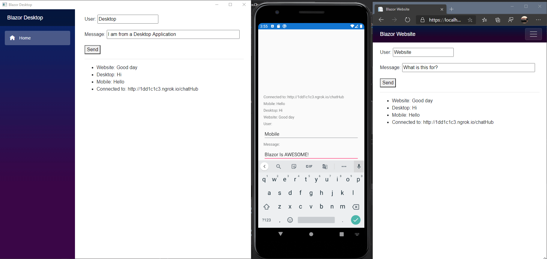 Showing how a SignalR Server can be used to create a Chat application between three platform types.