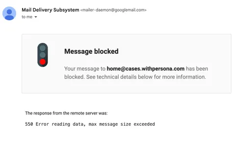 Example: Gmail client size restriction error message
