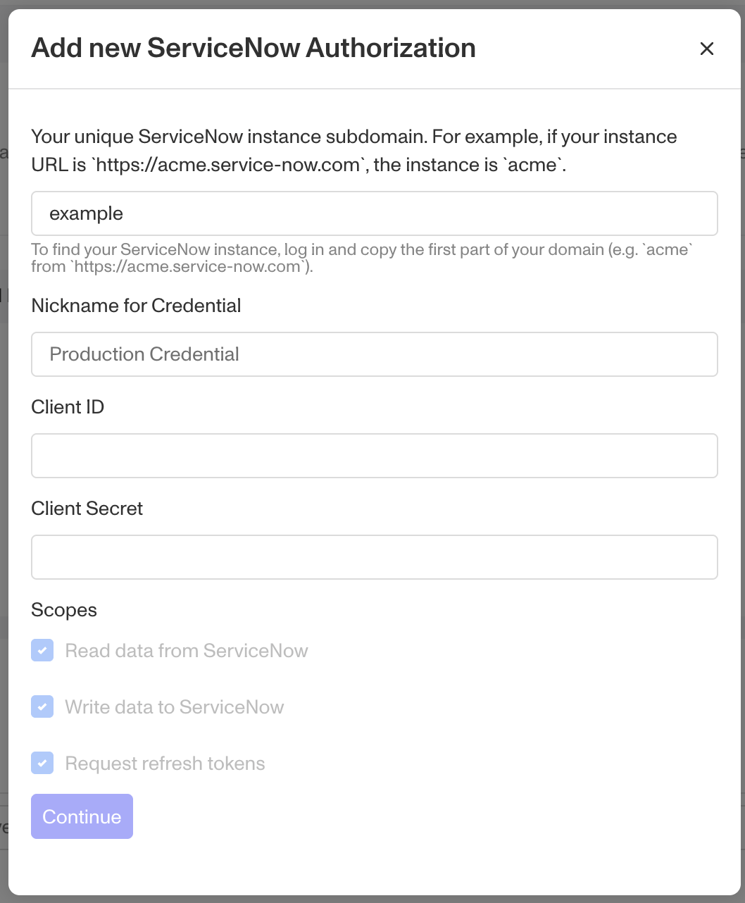 ServiceNow integration overview - ClientID/Secret