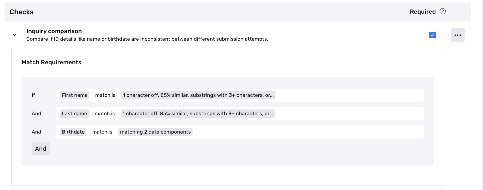 Example Inquiry Comparison Check Match Requirements