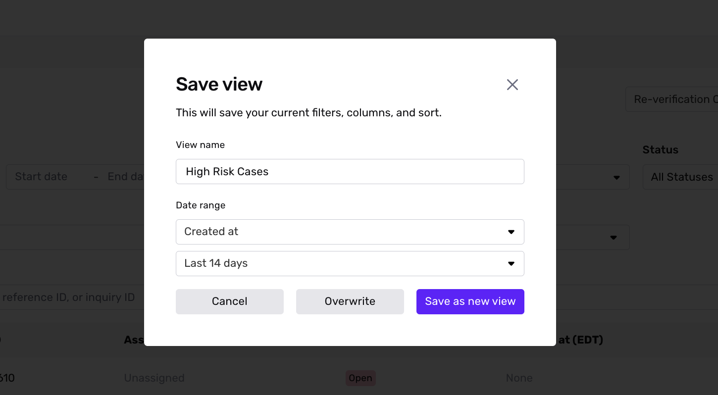 Save a new case view modal